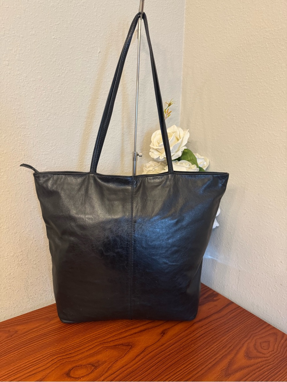 latico Black Leather Tote with Long Shoulder Straps